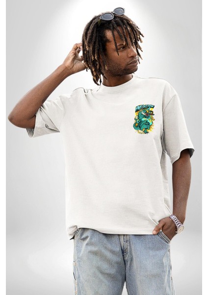 Dalga Ben Geliyorum Timsah Havuz Kadın Erkek Ön Minimal Sırt Baskılı Beyaz Pamuklu Tişört modelleri