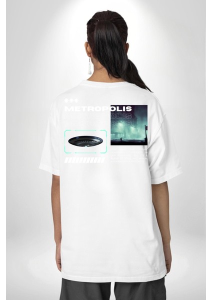 Büyük Şehir Ufo Sokak Tasarımı Kadın Erkek Ön Minimal Sırt Baskılı Beyaz Pamuklu Tişört fiyatları