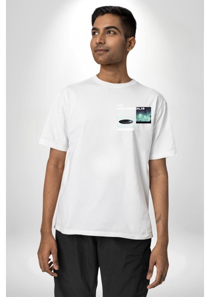 Büyük Şehir Ufo Sokak Tasarımı Kadın Erkek Ön Minimal Sırt Baskılı Beyaz Pamuklu Tişört modelleri