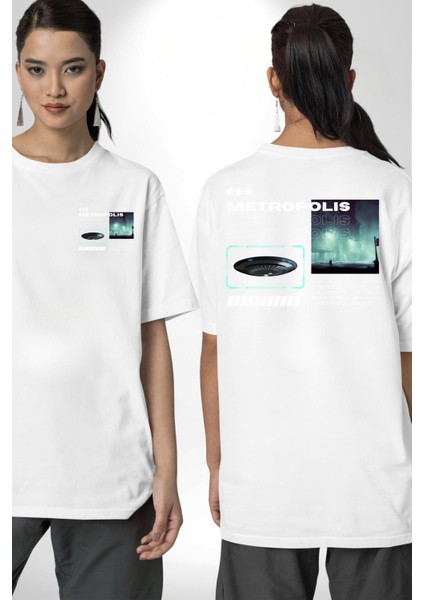 Büyük Şehir Ufo Sokak Tasarımı Kadın Erkek Ön Minimal Sırt Baskılı Beyaz Pamuklu Tişört fırsatları