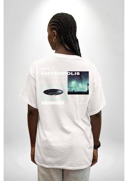 Büyük Şehir Ufo Sokak Tasarımı Kadın Erkek Ön Minimal Sırt Baskılı Beyaz Pamuklu Tişört indirimleri