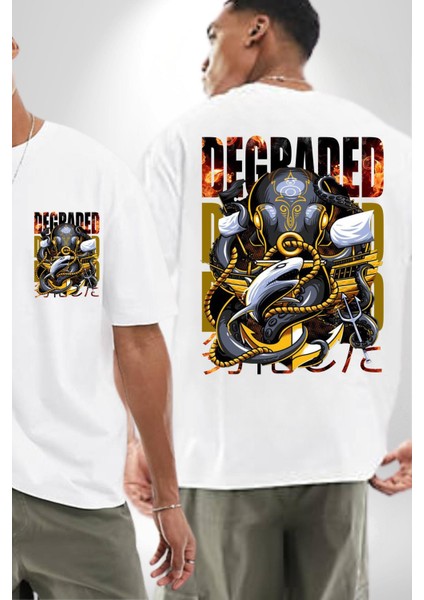 Gemi Düşmanı Savaşçı Kraken Kadın Erkek Ön Minimal Sırt Baskılı Beyaz Pamuklu Tişört