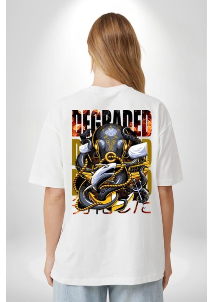 Gemi Düşmanı Savaşçı Kraken Kadın Erkek Ön Minimal Sırt Baskılı Beyaz Pamuklu Tişört fiyatları