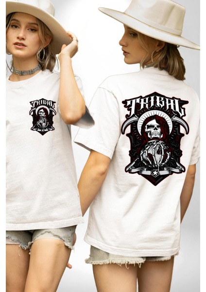 Dünyayı Tutan Kahin Iskelet Adam Kadın Erkek Ön Minimal Sırt Baskılı Beyaz Pamuklu Tişört