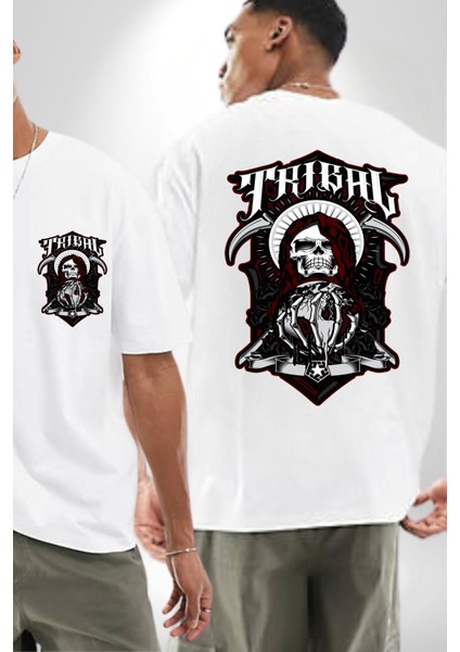 Dünyayı Tutan Kahin Iskelet Adam Kadın Erkek Ön Minimal Sırt Baskılı Beyaz Pamuklu Tişört fırsatları