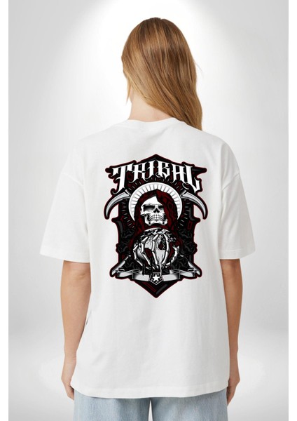 Dünyayı Tutan Kahin Iskelet Adam Kadın Erkek Ön Minimal Sırt Baskılı Beyaz Pamuklu Tişört indirimleri