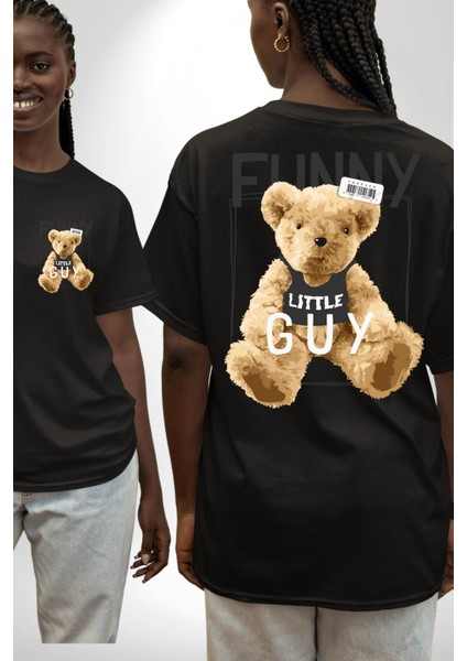 Atletli Sporcu Tatlı Oyuncak Ayı Kadın Erkek Ön Minimal Sırt Baskılı Siyah Pamuklu Tişört