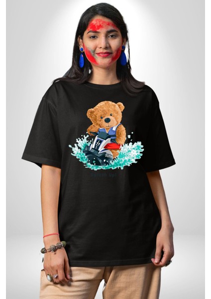 Jetski Süren Oyuncak Ayı Kadın Erkek Ön Baskılı Siyah Pamuklu Tişört Penye Klasik