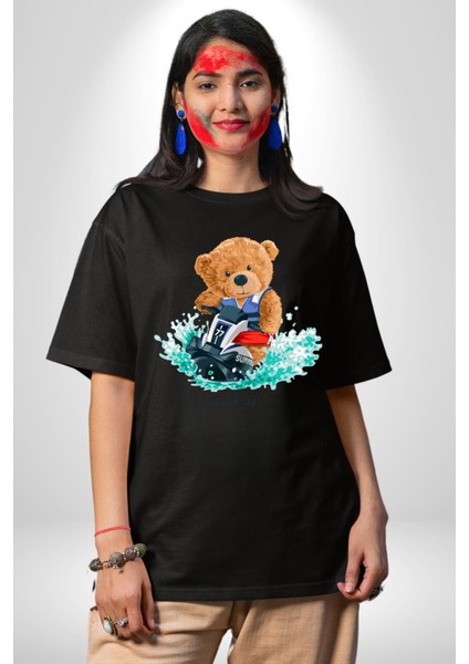 Jetski Süren Oyuncak Ayı Kadın Erkek Ön Baskılı Siyah Pamuklu Tişört Penye Klasik fiyatları