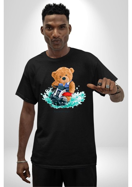 Jetski Süren Oyuncak Ayı Kadın Erkek Ön Baskılı Siyah Pamuklu Tişört Penye Klasik modelleri