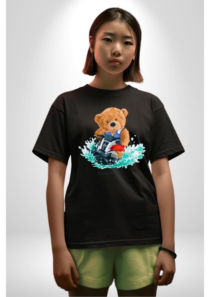 Jetski Süren Oyuncak Ayı Kadın Erkek Ön Baskılı Siyah Pamuklu Tişört Penye Klasik fırsatları