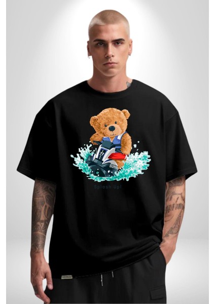 Jetski Süren Oyuncak Ayı Kadın Erkek Ön Baskılı Siyah Pamuklu Tişört Penye Klasik indirimleri