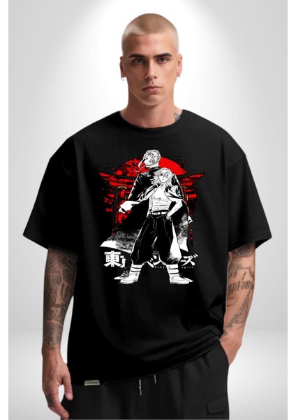Tokyo Ravengers Japon Anime Kadın Erkek Ön Baskılı Siyah Pamuklu Tişört Penye Klasik
