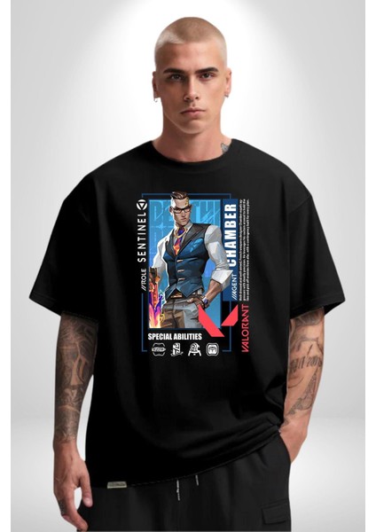 Chamber Sentinel Karakter Kadın Erkek Ön Baskılı Siyah Pamuklu Tişört Penye Klasik