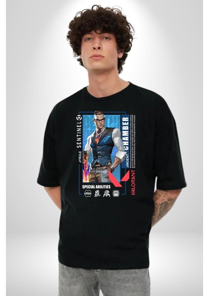 Chamber Sentinel Karakter Kadın Erkek Ön Baskılı Siyah Pamuklu Tişört Penye Klasik fiyatları