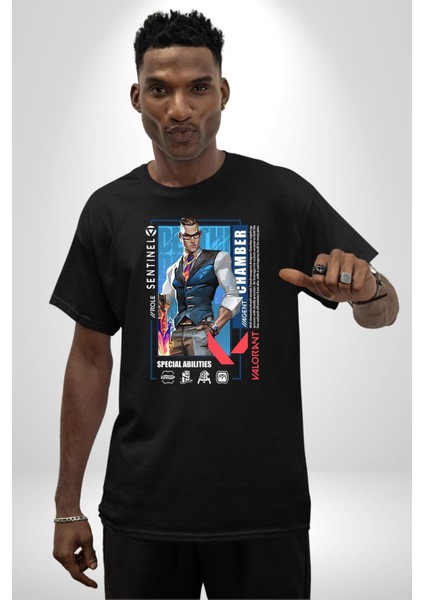 Chamber Sentinel Karakter Kadın Erkek Ön Baskılı Siyah Pamuklu Tişört Penye Klasik fırsatları