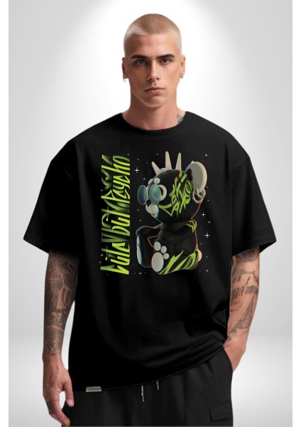 Tatlı Punk Oyuncak Ayı Kadın Erkek Ön Baskılı Siyah Pamuklu Tişört Penye Klasik