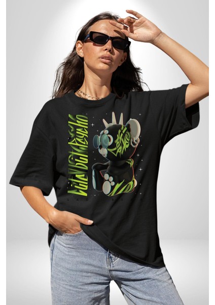 Tatlı Punk Oyuncak Ayı Kadın Erkek Ön Baskılı Siyah Pamuklu Tişört Penye Klasik modelleri