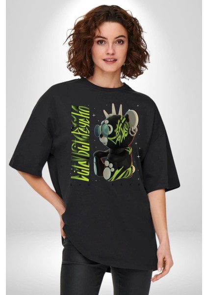 Tatlı Punk Oyuncak Ayı Kadın Erkek Ön Baskılı Siyah Pamuklu Tişört Penye Klasik indirimleri