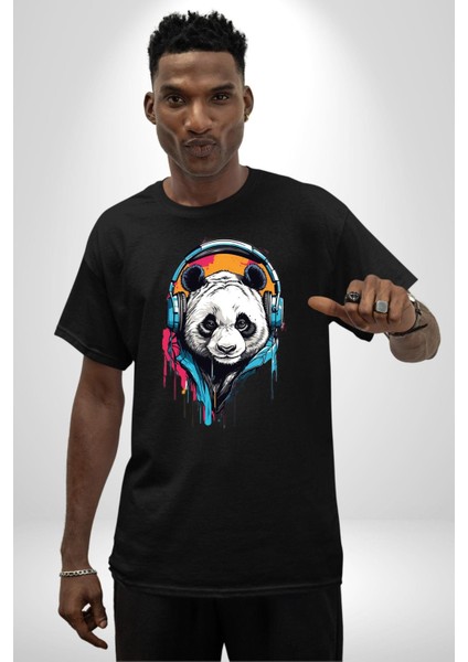 Kulaklıklı Tatlı Havalı Panda Kadın Erkek Ön Baskılı Siyah Pamuklu Tişört Penye Klasik