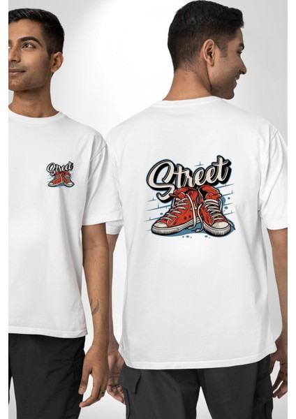 Sokak Tarzı Tarz Ayakkabı Kadın Erkek Ön Minimal Sırt Baskılı Beyaz Pamuklu Tişört