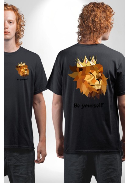 Kendin Ol Taçlı Aslan Cimbom Kadın Erkek Ön Minimal Sırt Baskılı Siyah Pamuklu Tişört