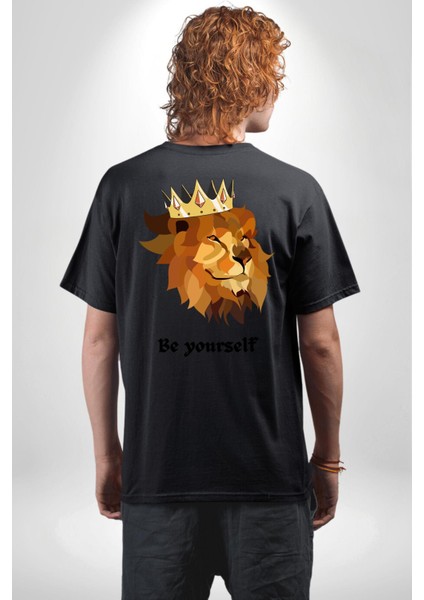 Kendin Ol Taçlı Aslan Cimbom Kadın Erkek Ön Minimal Sırt Baskılı Siyah Pamuklu Tişört fiyatları