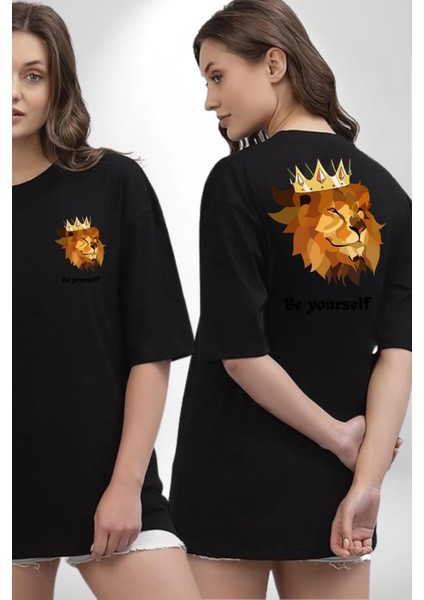 Kendin Ol Taçlı Aslan Cimbom Kadın Erkek Ön Minimal Sırt Baskılı Siyah Pamuklu Tişört fırsatları