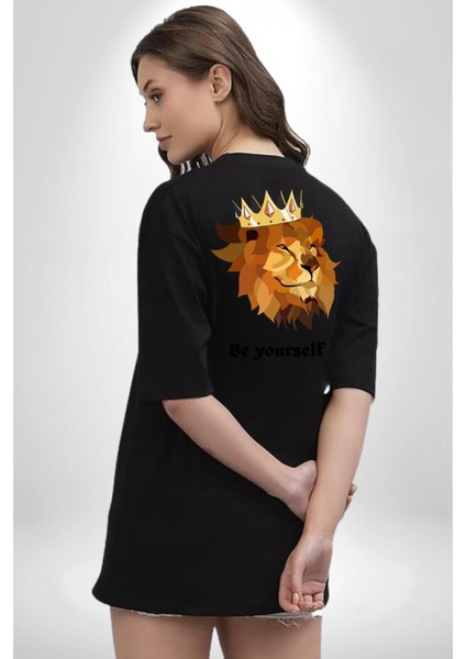 Kendin Ol Taçlı Aslan Cimbom Kadın Erkek Ön Minimal Sırt Baskılı Siyah Pamuklu Tişört indirimleri