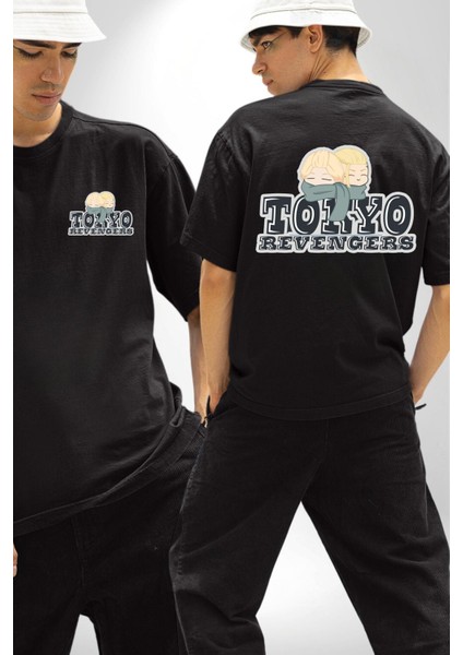 Tokyo Revengers Anime Karakterleri Kadın Erkek Ön Minimal Sırt Baskılı Siyah Pamuklu Tişört