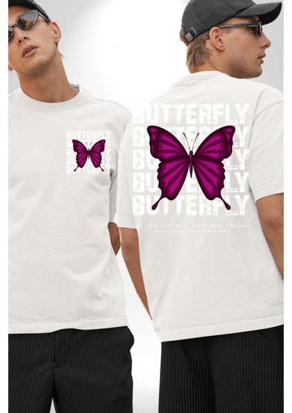 Aşk Kelebek Gibidir Sokak Tarzı Kadın Erkek Ön Minimal Sırt Baskılı Beyaz Pamuklu Tişört
