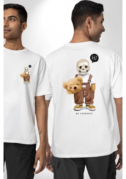 Merhaba Kurukafa Oyuncak Ayı Kadın Erkek Ön Minimal Sırt Baskılı Beyaz Pamuklu Tişört
