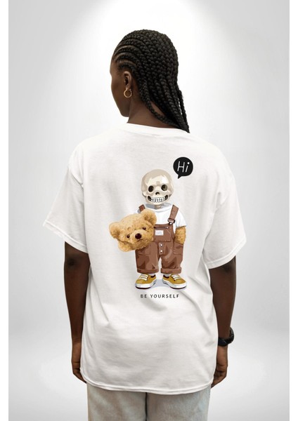 Merhaba Kurukafa Oyuncak Ayı Kadın Erkek Ön Minimal Sırt Baskılı Beyaz Pamuklu Tişört fiyatları