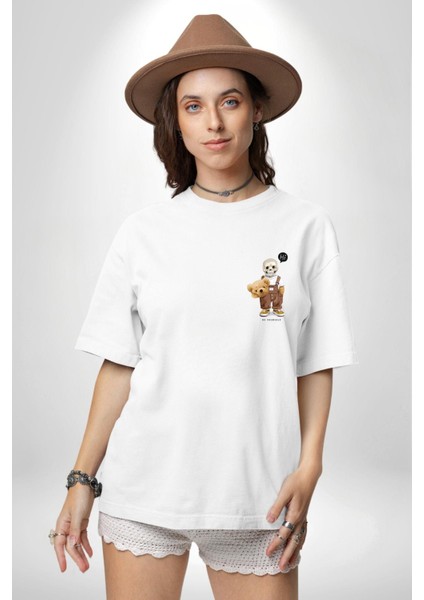 Merhaba Kurukafa Oyuncak Ayı Kadın Erkek Ön Minimal Sırt Baskılı Beyaz Pamuklu Tişört modelleri
