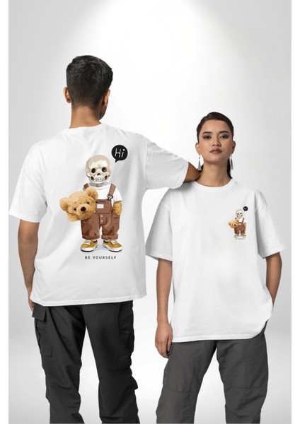 Merhaba Kurukafa Oyuncak Ayı Kadın Erkek Ön Minimal Sırt Baskılı Beyaz Pamuklu Tişört fırsatları