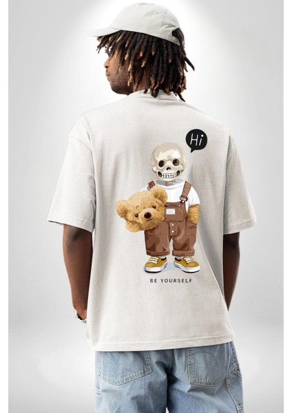 Merhaba Kurukafa Oyuncak Ayı Kadın Erkek Ön Minimal Sırt Baskılı Beyaz Pamuklu Tişört indirimleri