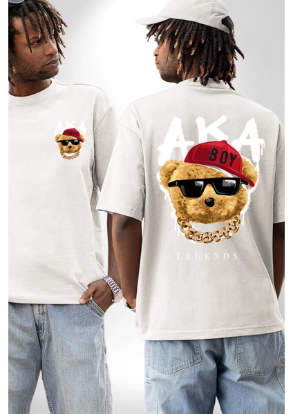 Sokak Tarzı Oyuncak Ayı Kadın Erkek Ön Minimal Sırt Baskılı Beyaz Pamuklu Tişört