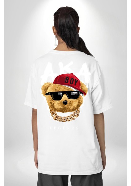 Sokak Tarzı Oyuncak Ayı Kadın Erkek Ön Minimal Sırt Baskılı Beyaz Pamuklu Tişört fiyatları