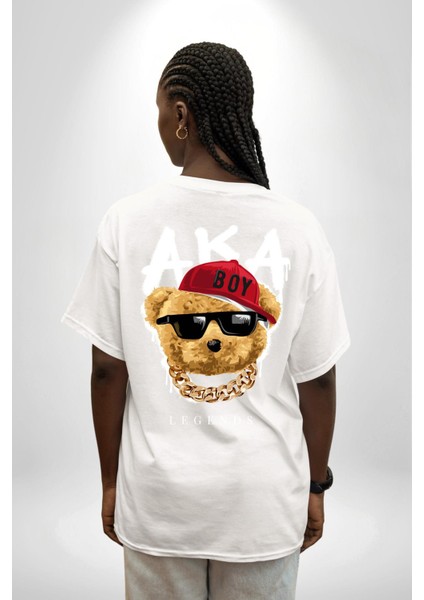 Sokak Tarzı Oyuncak Ayı Kadın Erkek Ön Minimal Sırt Baskılı Beyaz Pamuklu Tişört indirimleri