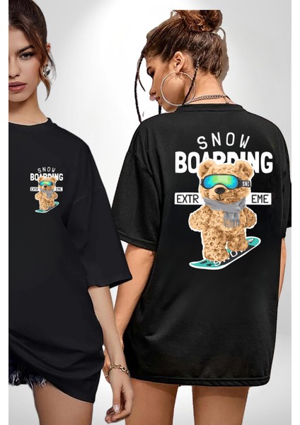 Snowboard Yapan Oyuncak Ayı Kadın Erkek Ön Minimal Sırt Baskılı Siyah Pamuklu Tişört
