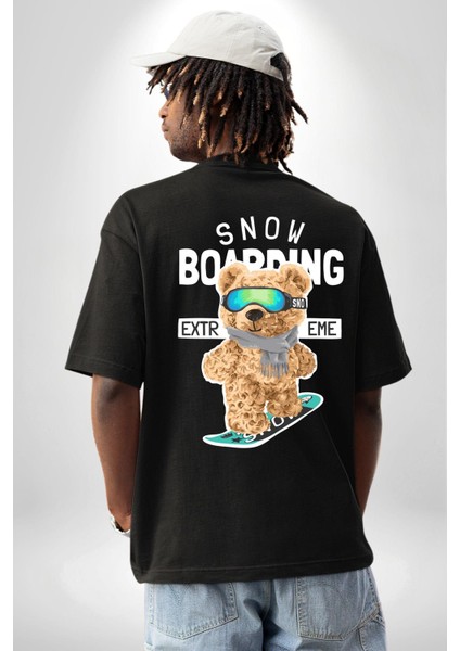 Snowboard Yapan Oyuncak Ayı Kadın Erkek Ön Minimal Sırt Baskılı Siyah Pamuklu Tişört fiyatları