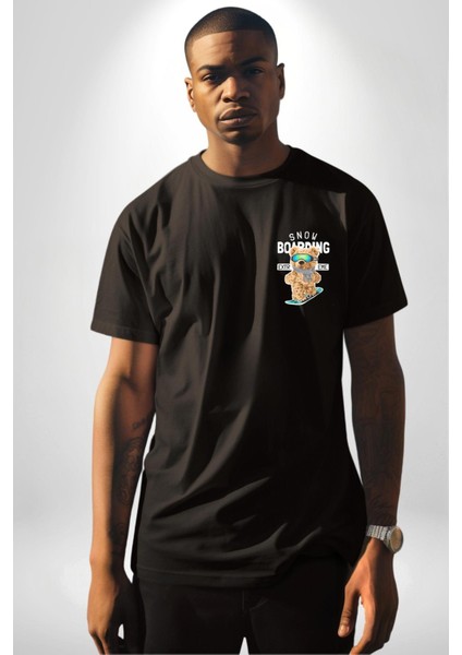 Snowboard Yapan Oyuncak Ayı Kadın Erkek Ön Minimal Sırt Baskılı Siyah Pamuklu Tişört modelleri