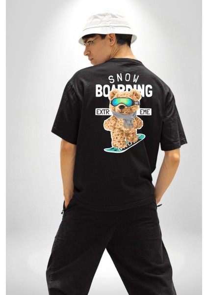 Snowboard Yapan Oyuncak Ayı Kadın Erkek Ön Minimal Sırt Baskılı Siyah Pamuklu Tişört fırsatları
