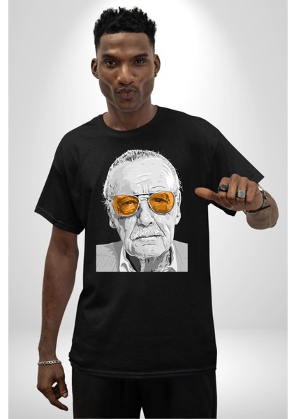 Stan Lee Founder Kadın Erkek Ön Baskılı Siyah Pamuklu Tişört Penye Klasik