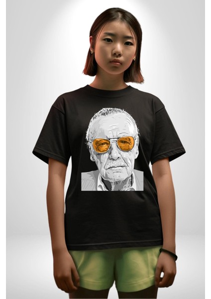 Stan Lee Founder Kadın Erkek Ön Baskılı Siyah Pamuklu Tişört Penye Klasik fiyatları