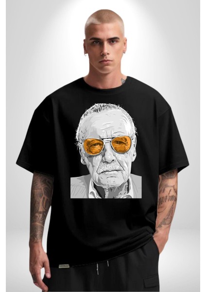 Stan Lee Founder Kadın Erkek Ön Baskılı Siyah Pamuklu Tişört Penye Klasik modelleri