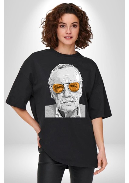 Stan Lee Founder Kadın Erkek Ön Baskılı Siyah Pamuklu Tişört Penye Klasik fırsatları