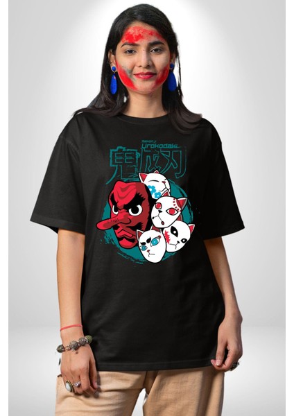 Demon Slayer Urokodaki Maskeler Anime Kadın Erkek Ön Baskılı Siyah Pamuklu Tişört Penye Klasik