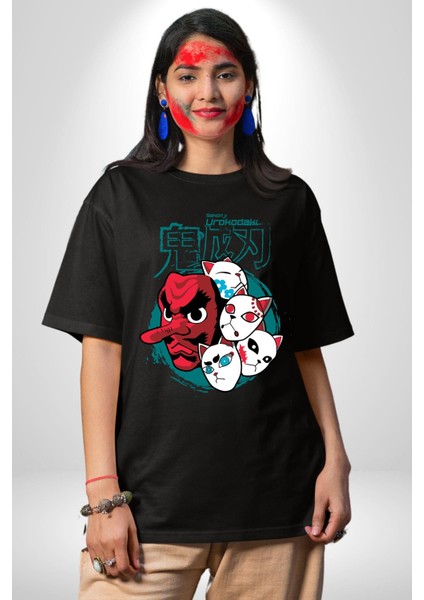 Demon Slayer Urokodaki Maskeler Anime Kadın Erkek Ön Baskılı Siyah Pamuklu Tişört Penye Klasik fiyatları
