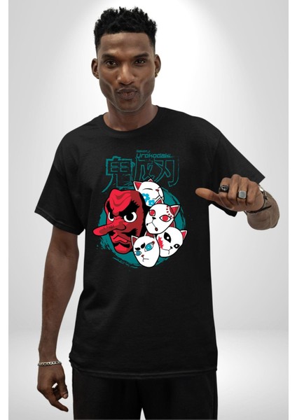 Demon Slayer Urokodaki Maskeler Anime Kadın Erkek Ön Baskılı Siyah Pamuklu Tişört Penye Klasik modelleri